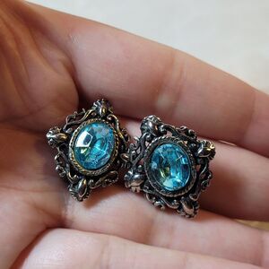 Blue Genstone Clip-on Earrings with Ornate Silver Filigree Accents EUC